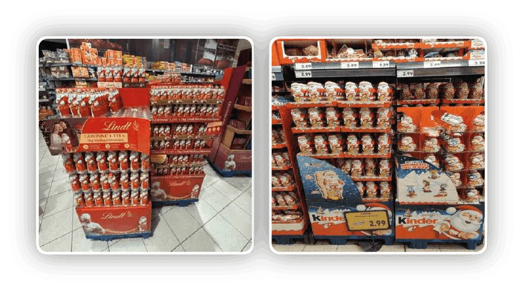 Chocolate Christmas display in a German supermarket aisle